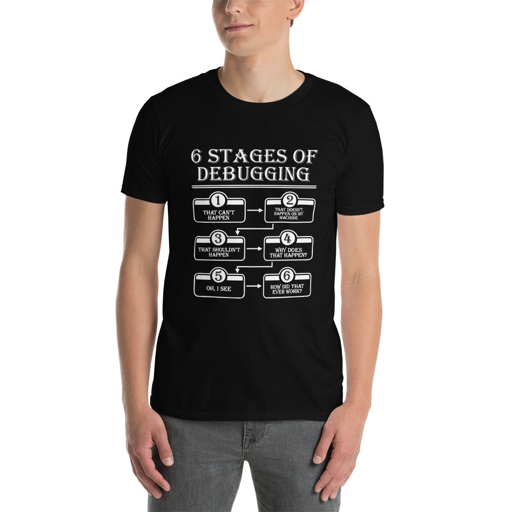 6 Stages of Debugging - Short-Sleeve Unisex T-Shirt